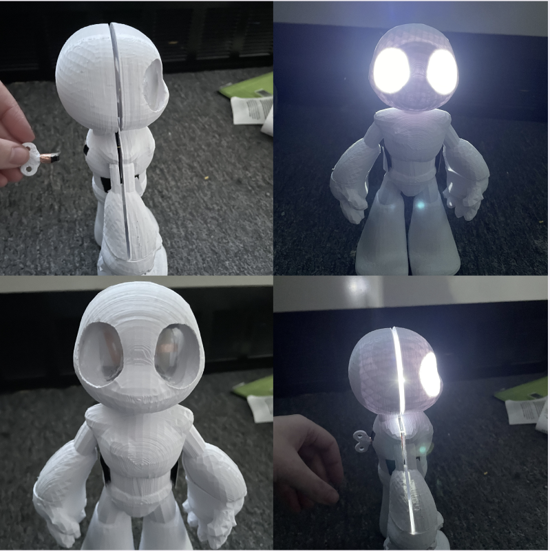 A four image square of the robot facing the front and side, the two on the left have the lights off and the two on the right have the lights on