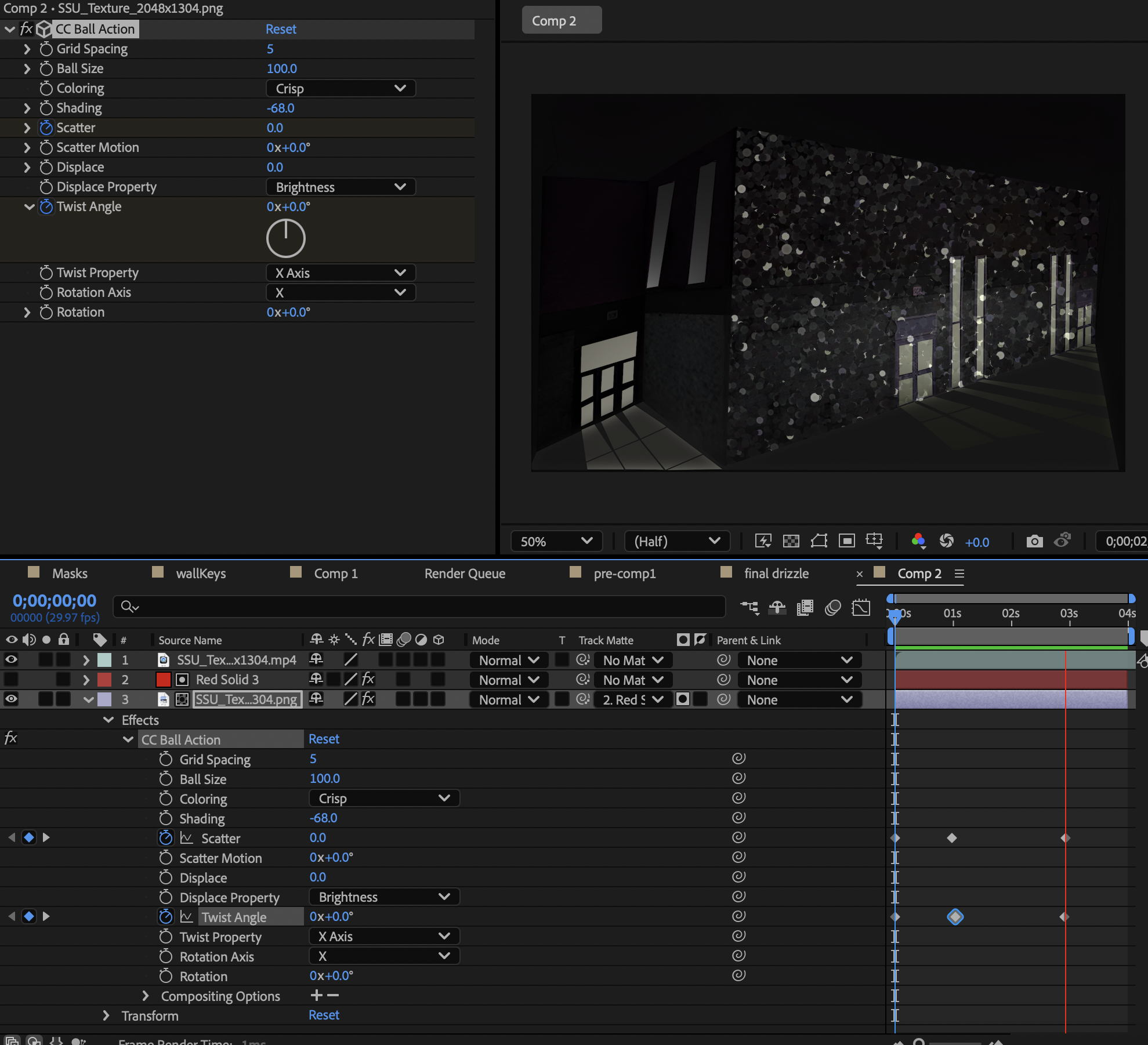 Ball effect on one wall, using the scatter and twist angle peramiters 