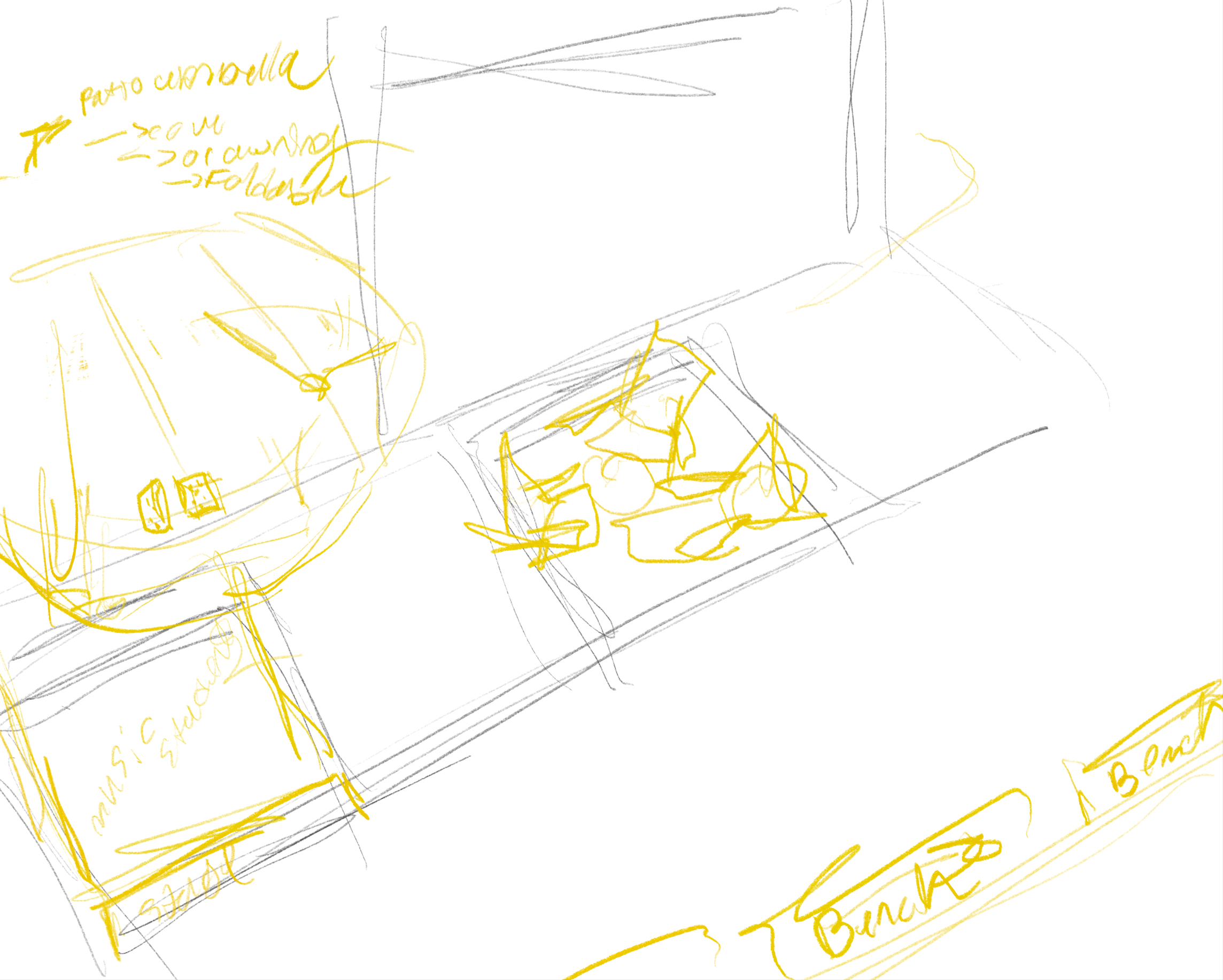 this is the outdoor pathway between the H wing and the ssu, The concepts are a collaborative effort with fernanda, I drew the sketches that Im including. we redesiged the seating in the space so that it could be used for a variety of different things. the first concept converts the hall to a performance area for the music and theater students. ot converts one of the paved sections to a slightly eleveated stage with an awning like overhang to protect the performers and any equipment they may use without interfering with the nature that is alreaduy there. there is an outlet added behind it and more chairs added to the area.