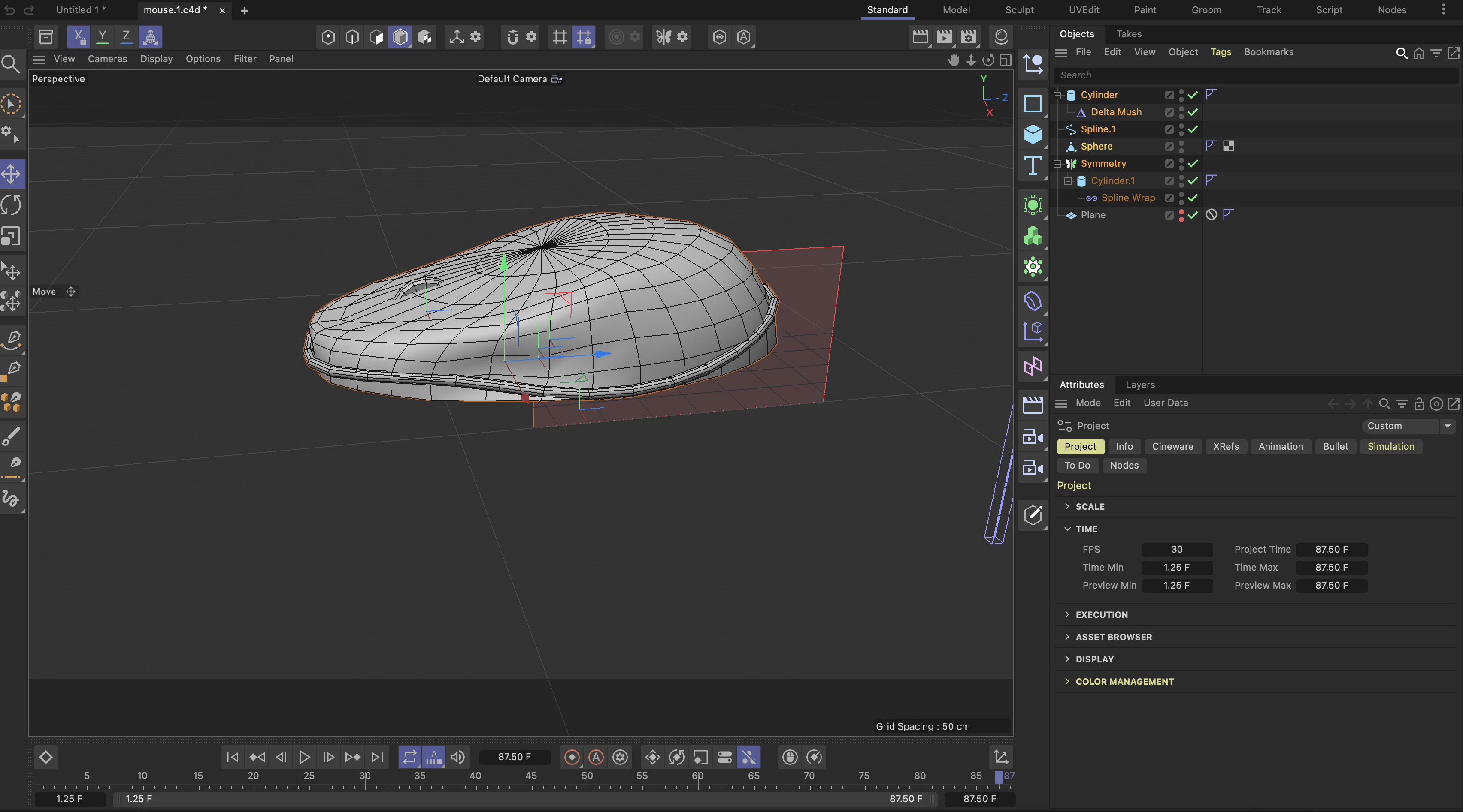 screencap of my attempt to model the mouse. attempted at using the symetry and spline rail deformer
