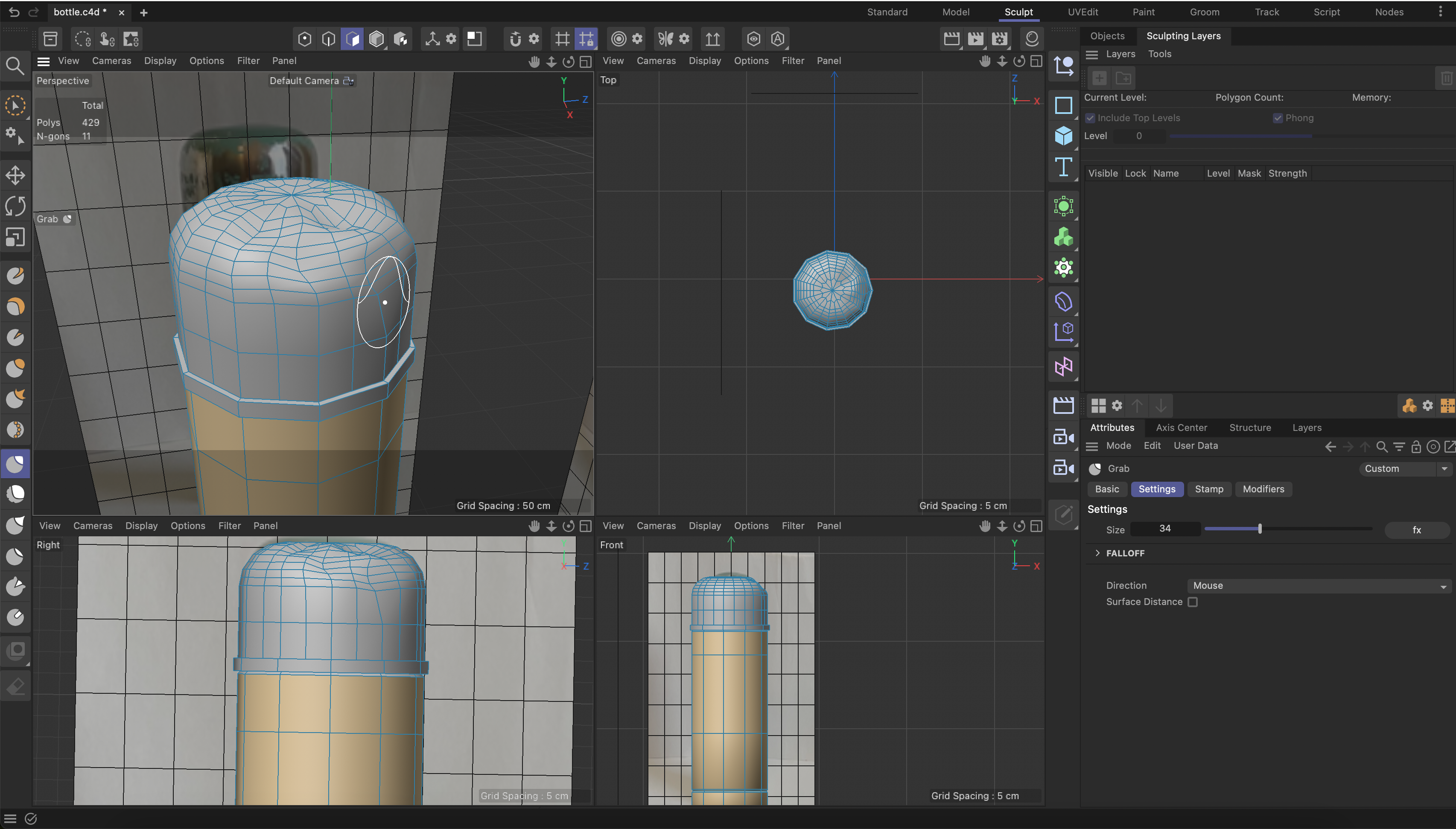 an in progress picture of the water bottle being modeled where I am sculpting the top to look dented like the real one.